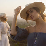 Ninakuru long brim Panama hat with vintage brocade ribbon. Cotton interior band.