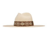 Ninakuru long brim Panama hat with vintage brocade ribbon. Cotton interior band.