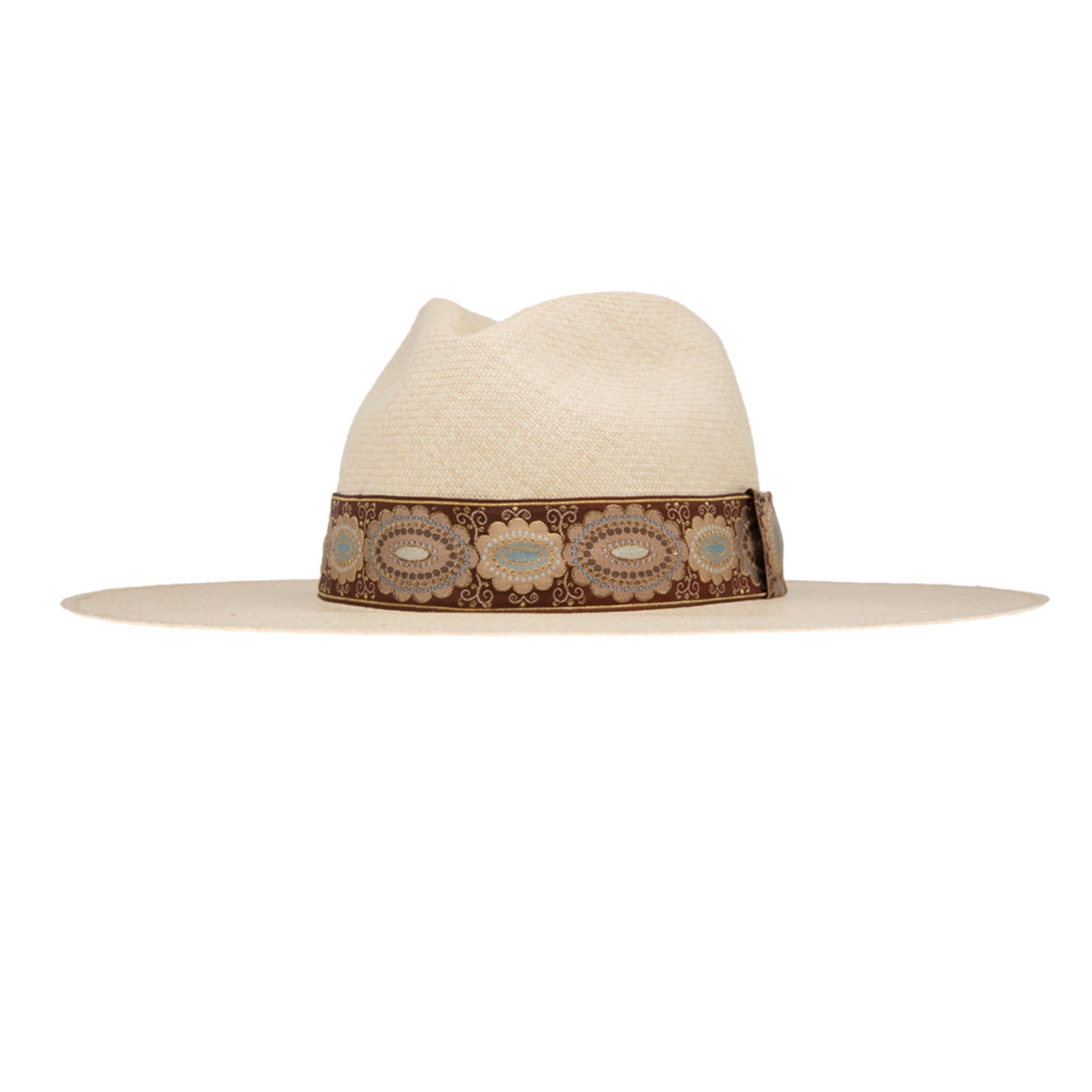 Ninakuru long brim Panama hat with vintage brocade ribbon. Cotton interior band.