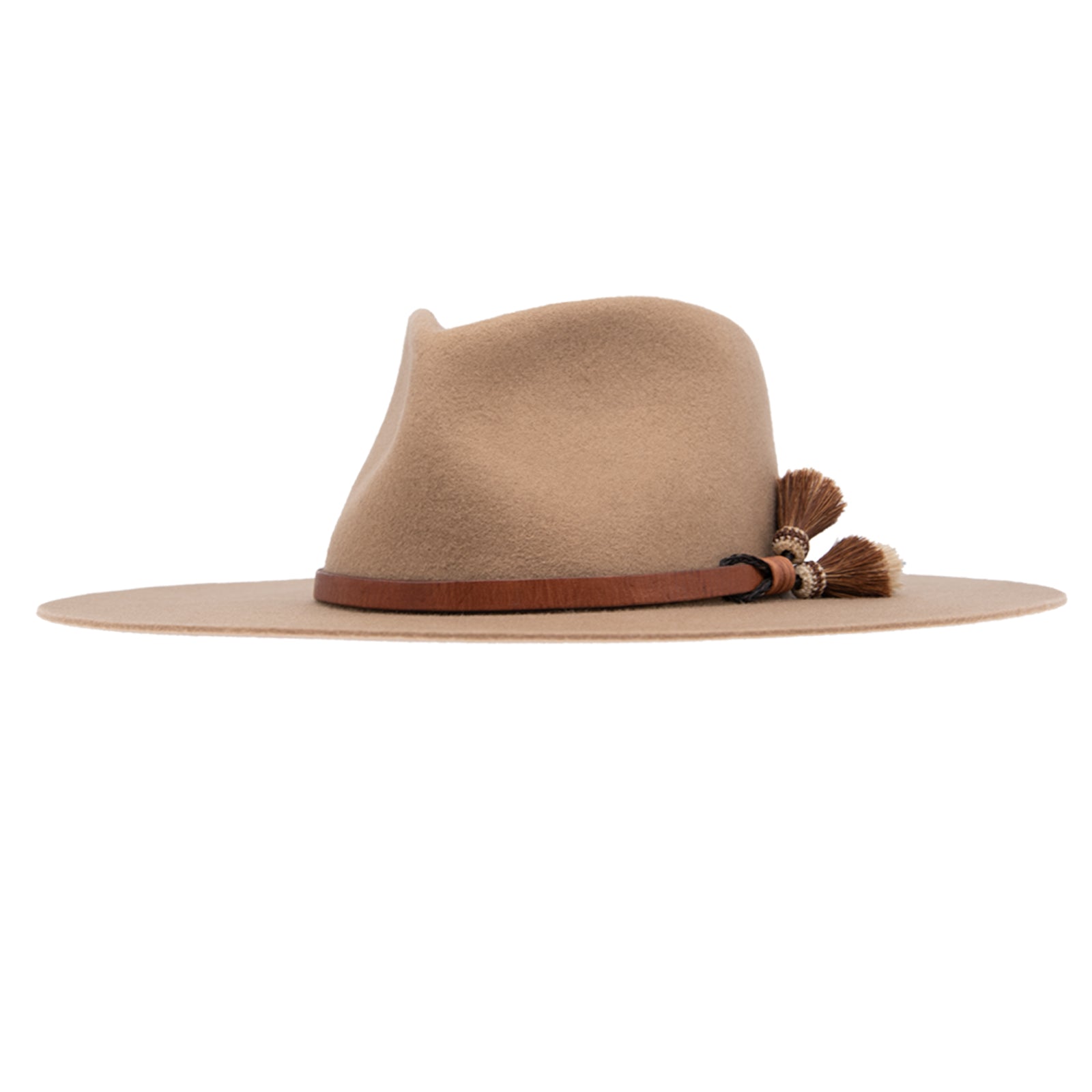Ninakuru long brim wool hat with leather band and horsehair tassels.