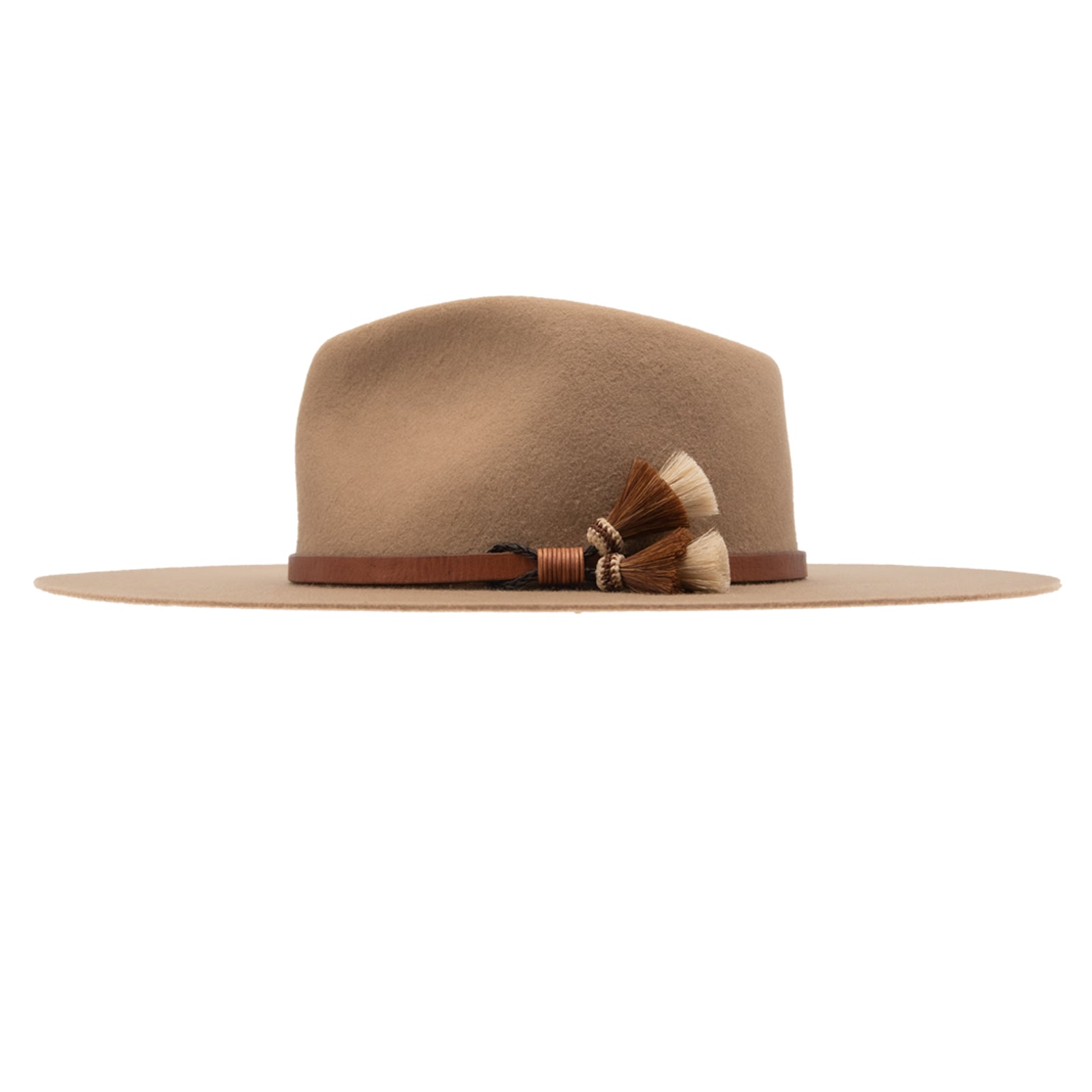 Ninakuru long brim wool hat with leather band and horsehair tassels.