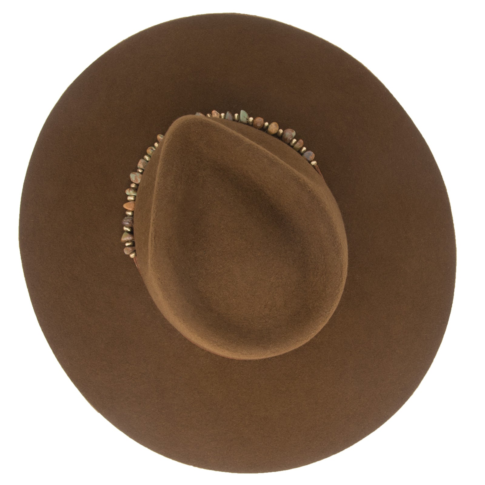 Ninakuru long brim wool hat with leather band, turquoise nuggets. Leather interior band.