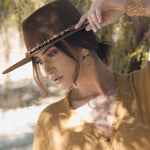 Ninakuru long brim wool hat with leather band, turquoise nuggets. Leather interior band.