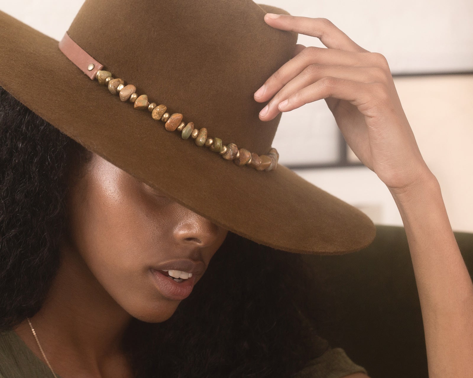 Ninakuru long brim wool hat with leather band, turquoise nuggets. Leather interior band.