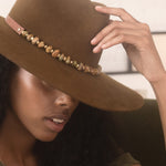 Ninakuru long brim wool hat with leather band, turquoise nuggets. Leather interior band.