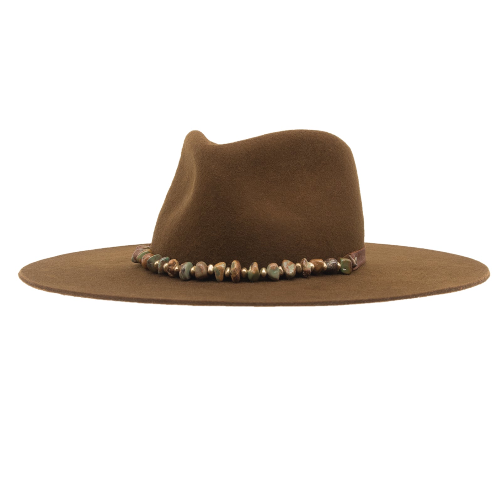 Ninakuru long brim wool hat with leather band, turquoise nuggets. Leather interior band.