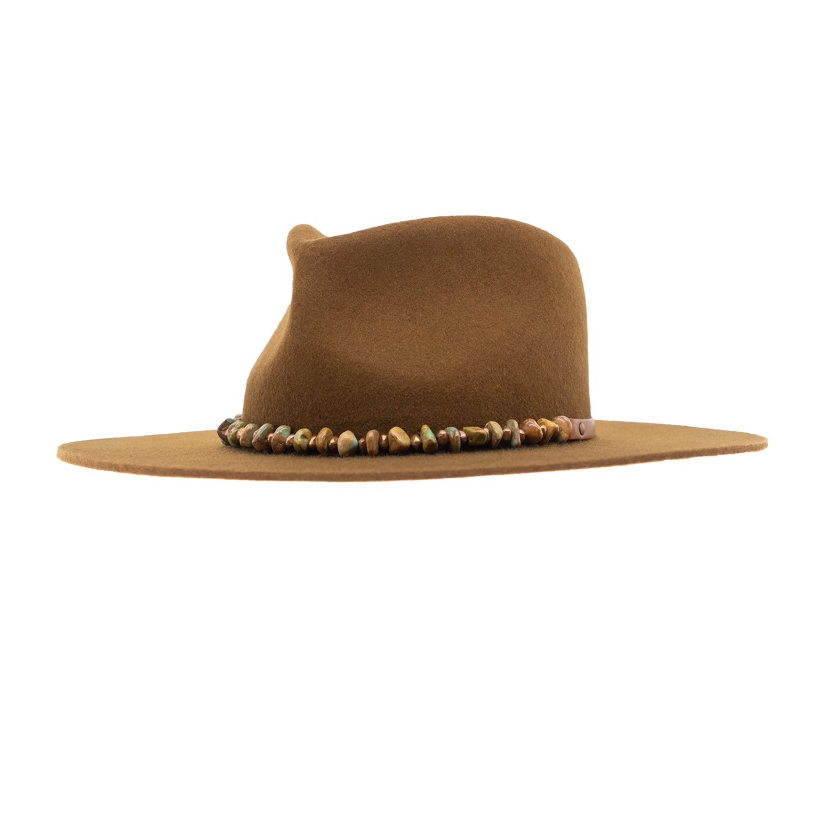 Wool felt hat with a turquoise band on a white background