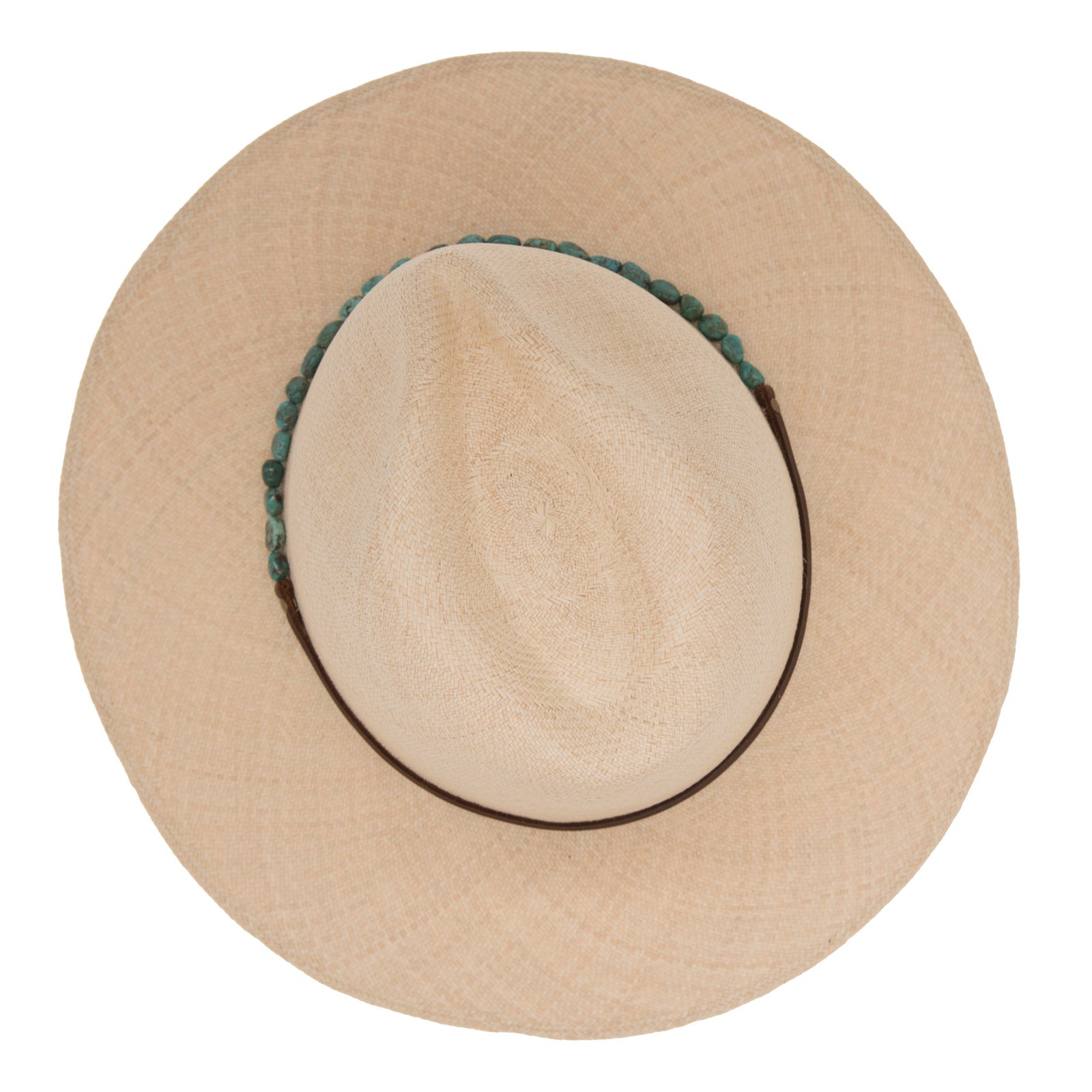 Ninakuru Panama hat with turquoise nuggets and leather band.