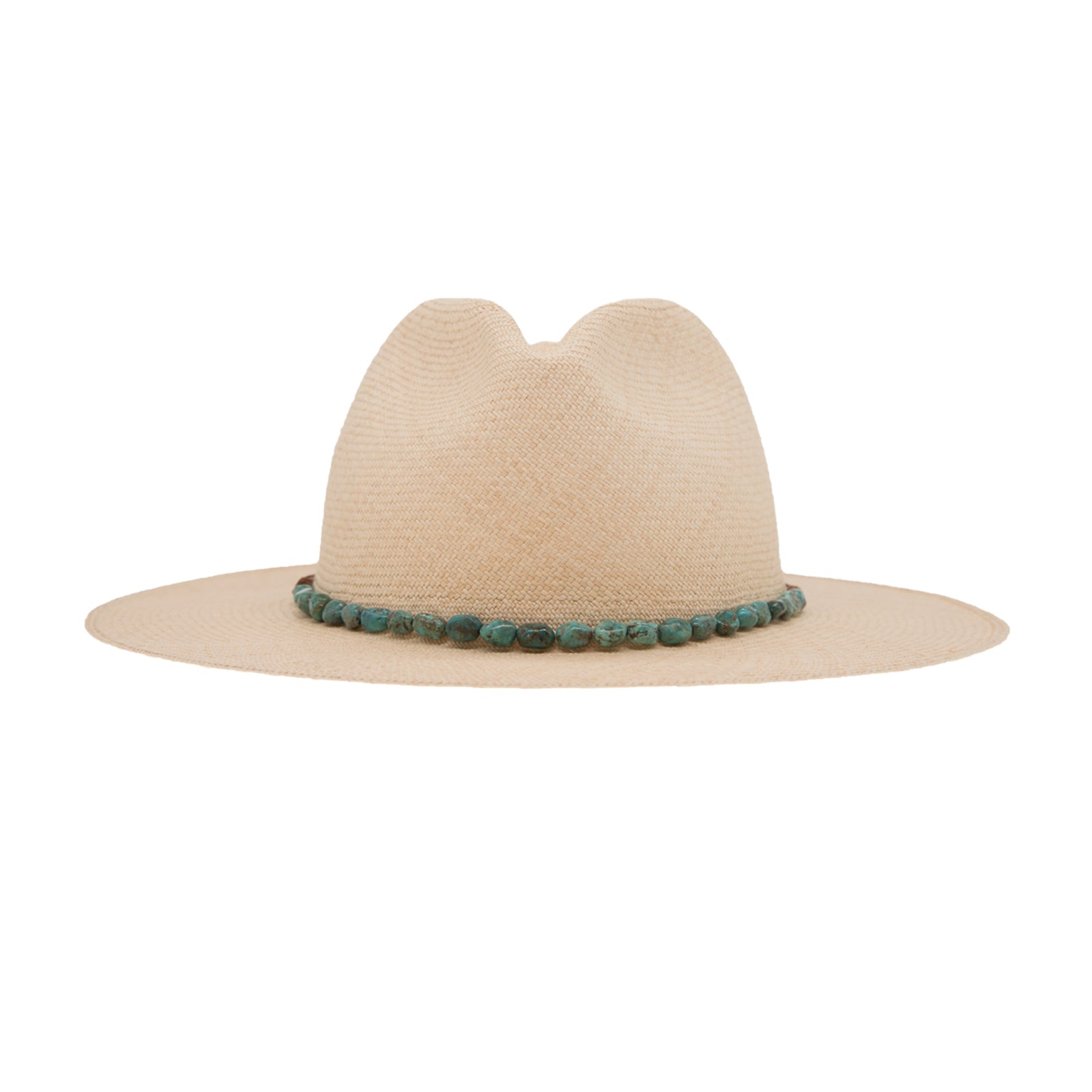 Ninakuru Panama hat with turquoise nuggets and leather band.