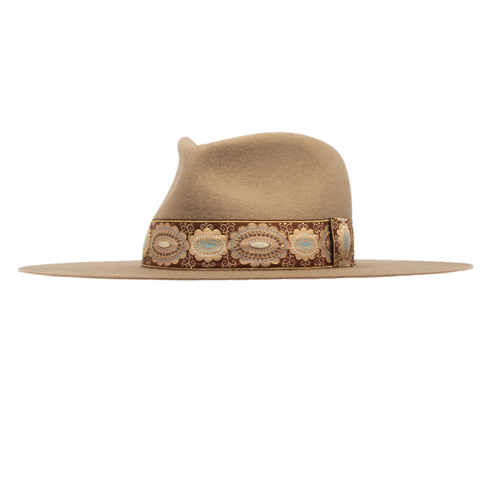 Ninakuru wool hat with vintage brocade ribbon.
