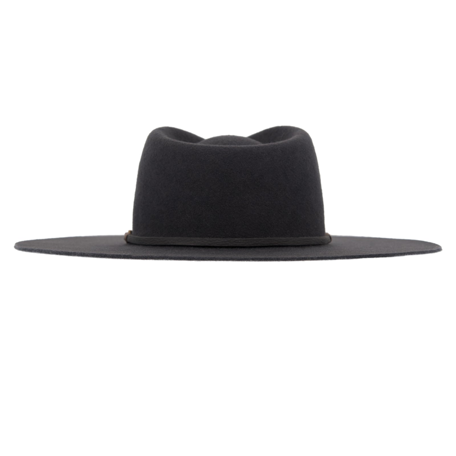 Ninakuru long brim wool hat with leather band and bronze eyelet.