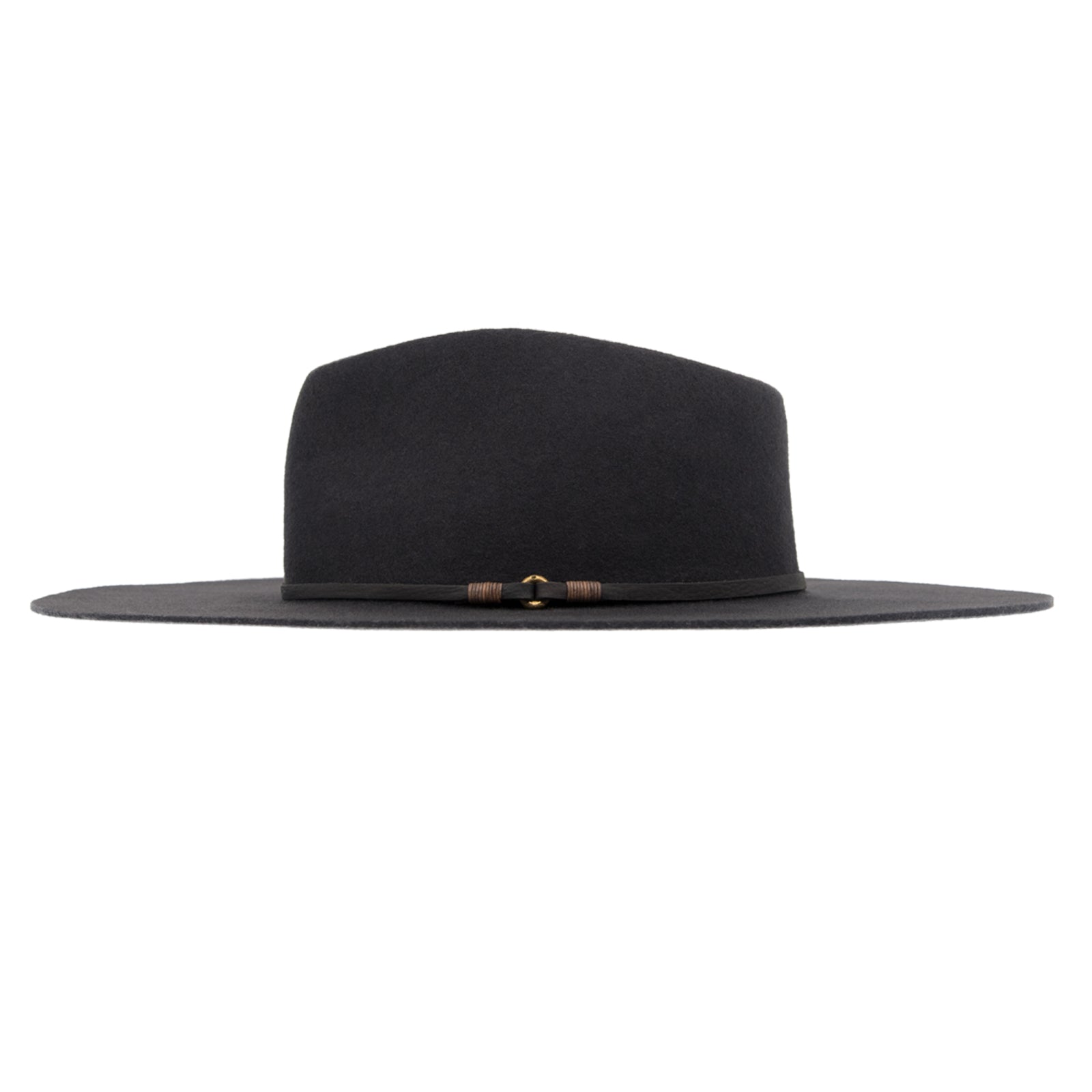 Ninakuru long brim wool hat with leather band and bronze eyelet.