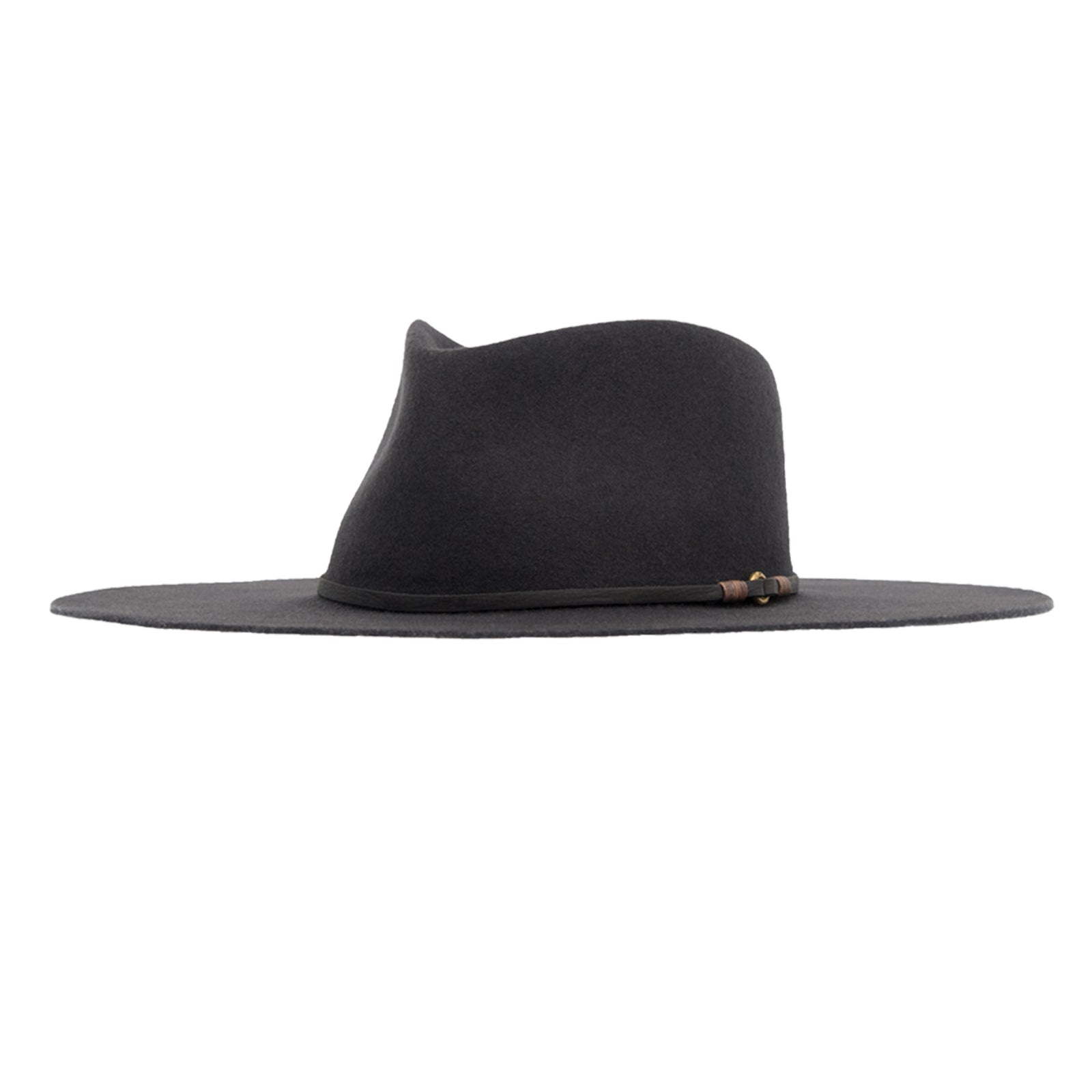 Ninakuru long brim wool hat with leather band and bronze eyelet.