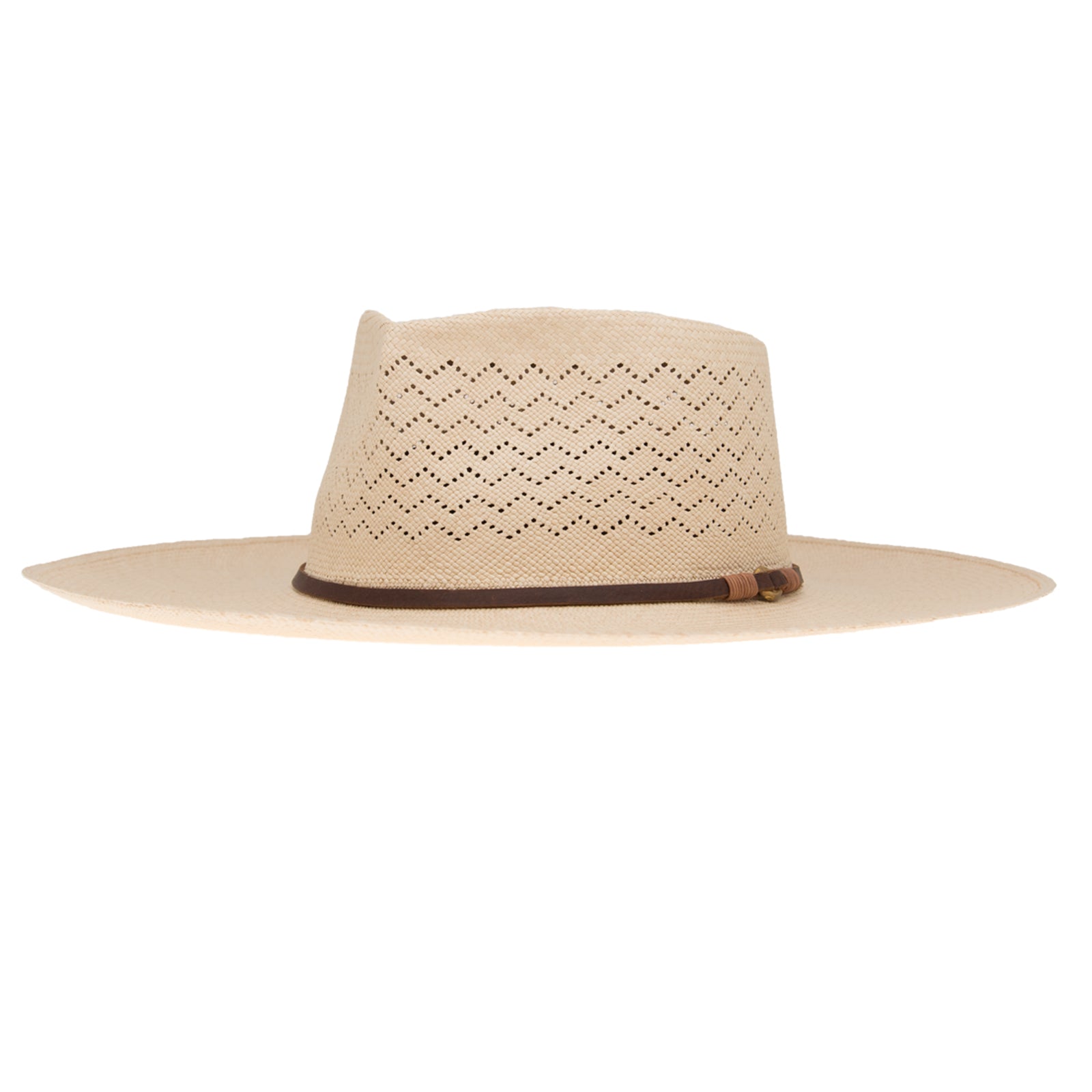 Ninakuru Panama hat with leather band and stampede strap.