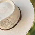 Ninakuru Panama hat with leather band and stampede strap.