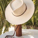 Ninakuru Panama hat with leather band and stampede strap.