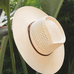 Ninakuru Panama hat with leather band and stampede strap.