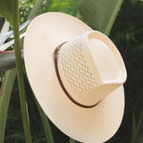 Ninakuru Panama hat with leather band and stampede strap.