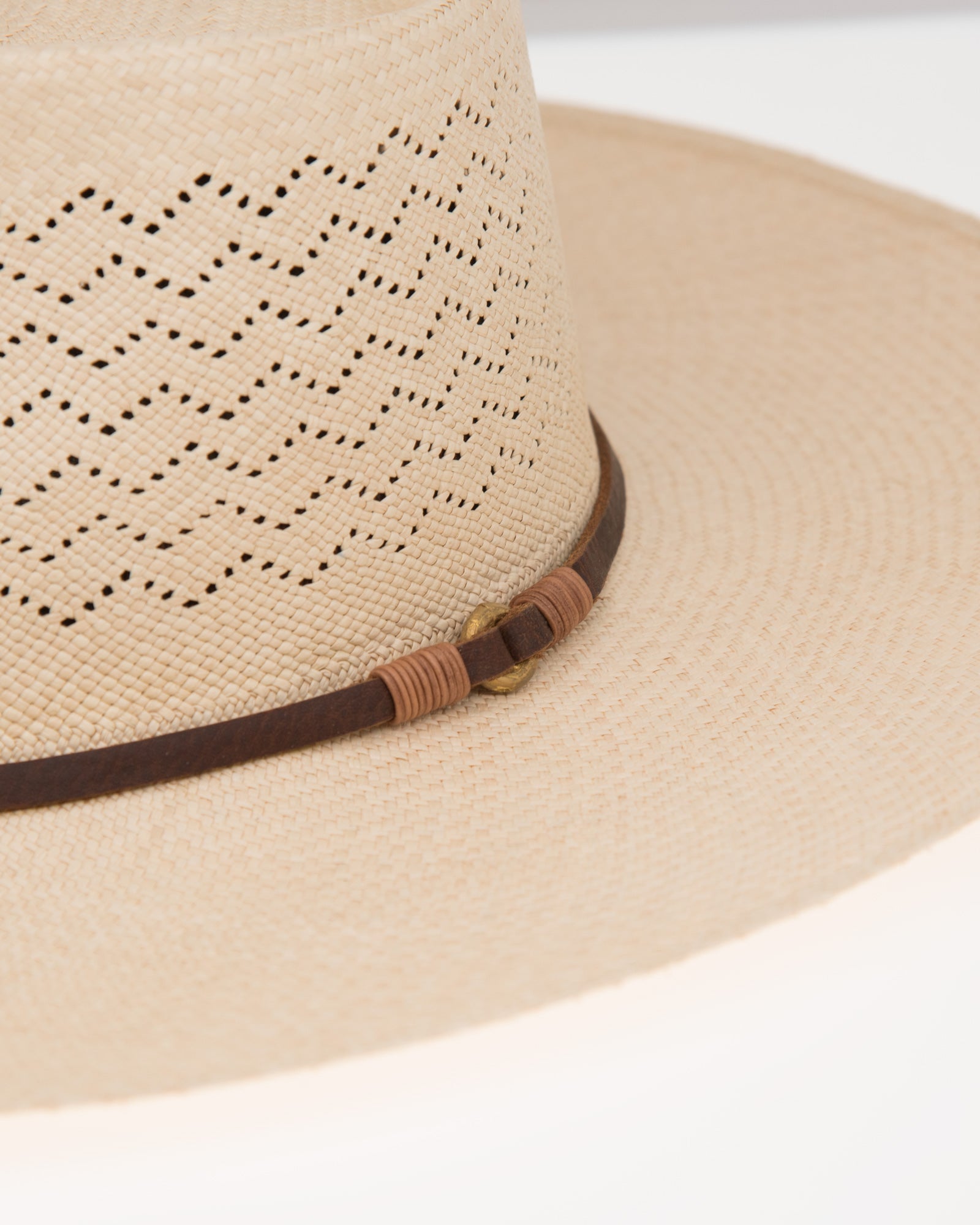 Ninakuru Panama hat with leather band and stampede strap.