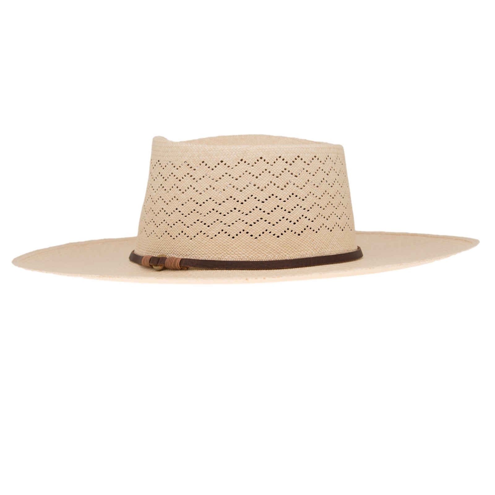 Ninakuru Panama hat with leather band and stampede strap.