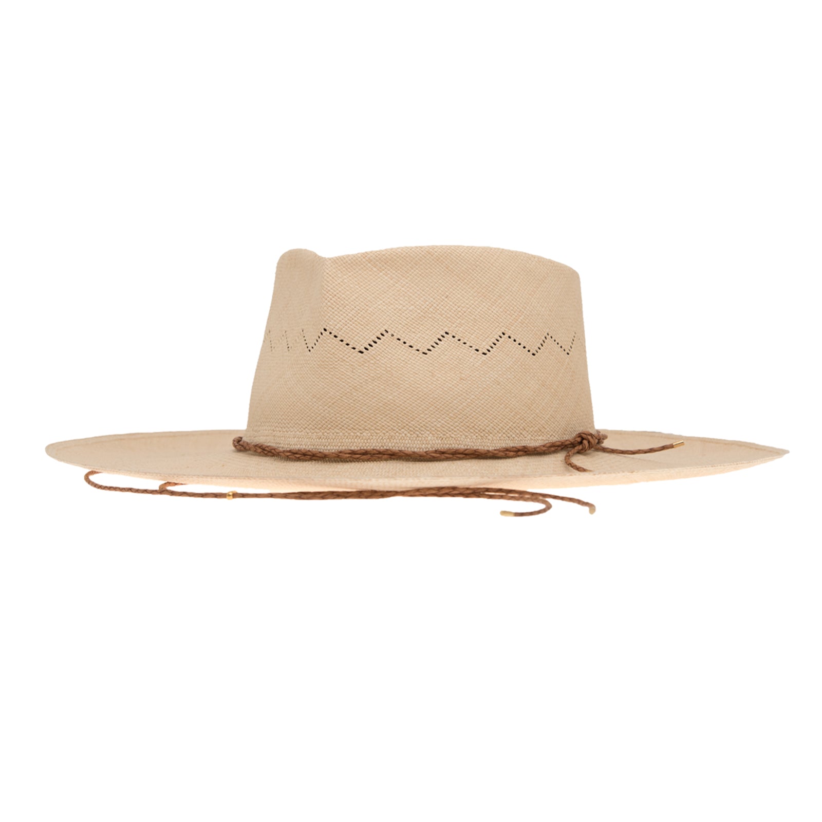 Ninakuru Panama hat with leather braided band and stampede strap.