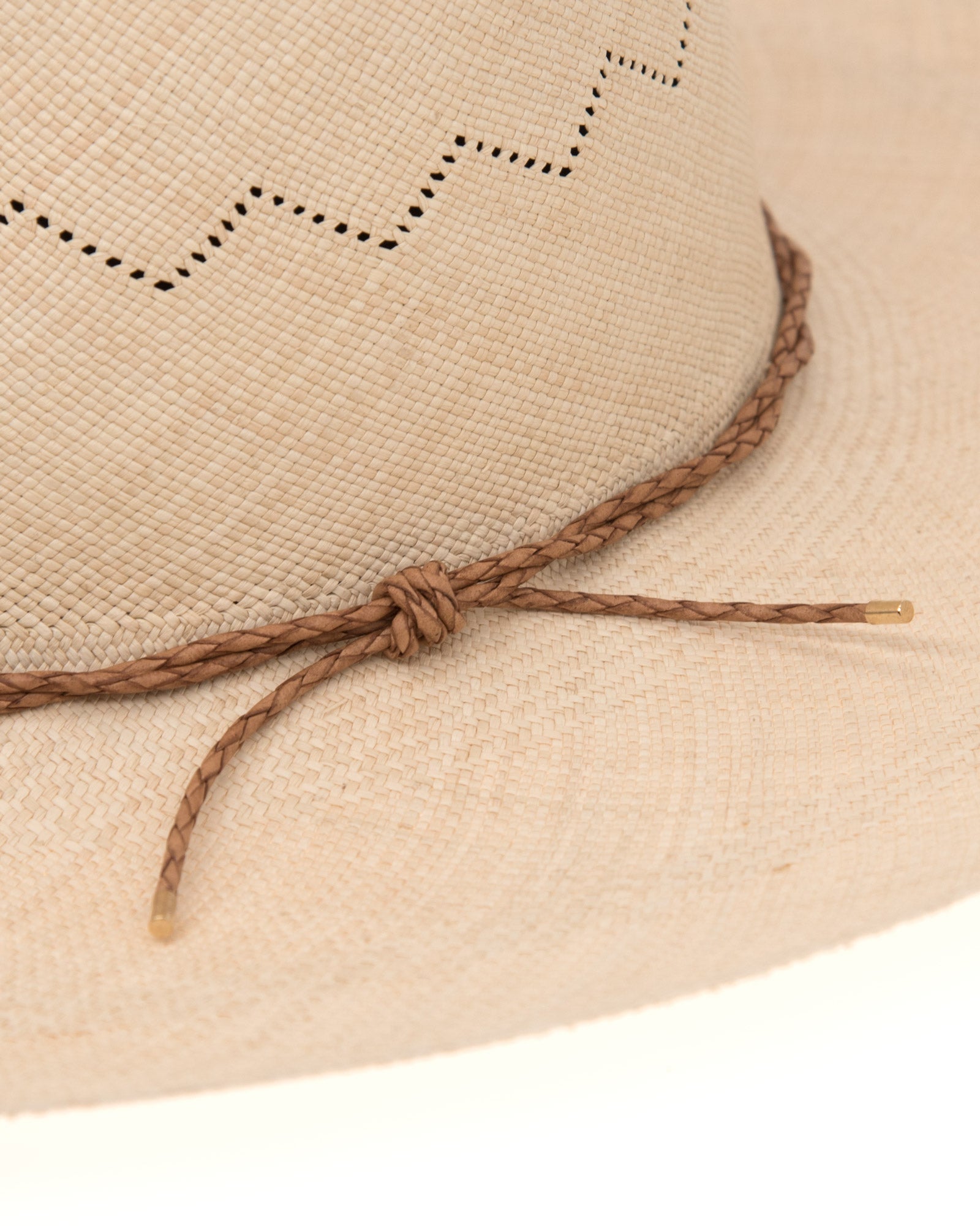 Ninakuru Panama hat with leather braided band and stampede strap.