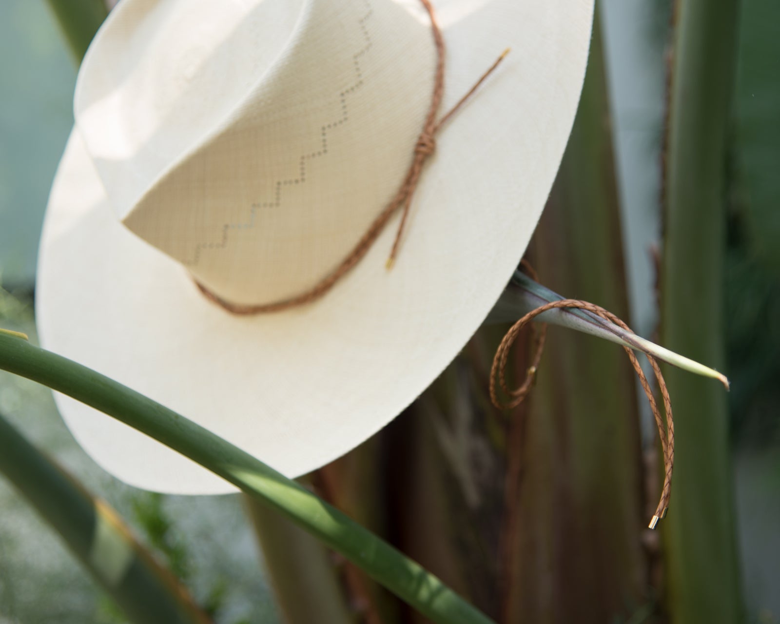 Ninakuru Panama hat with leather braided band and stampede strap.