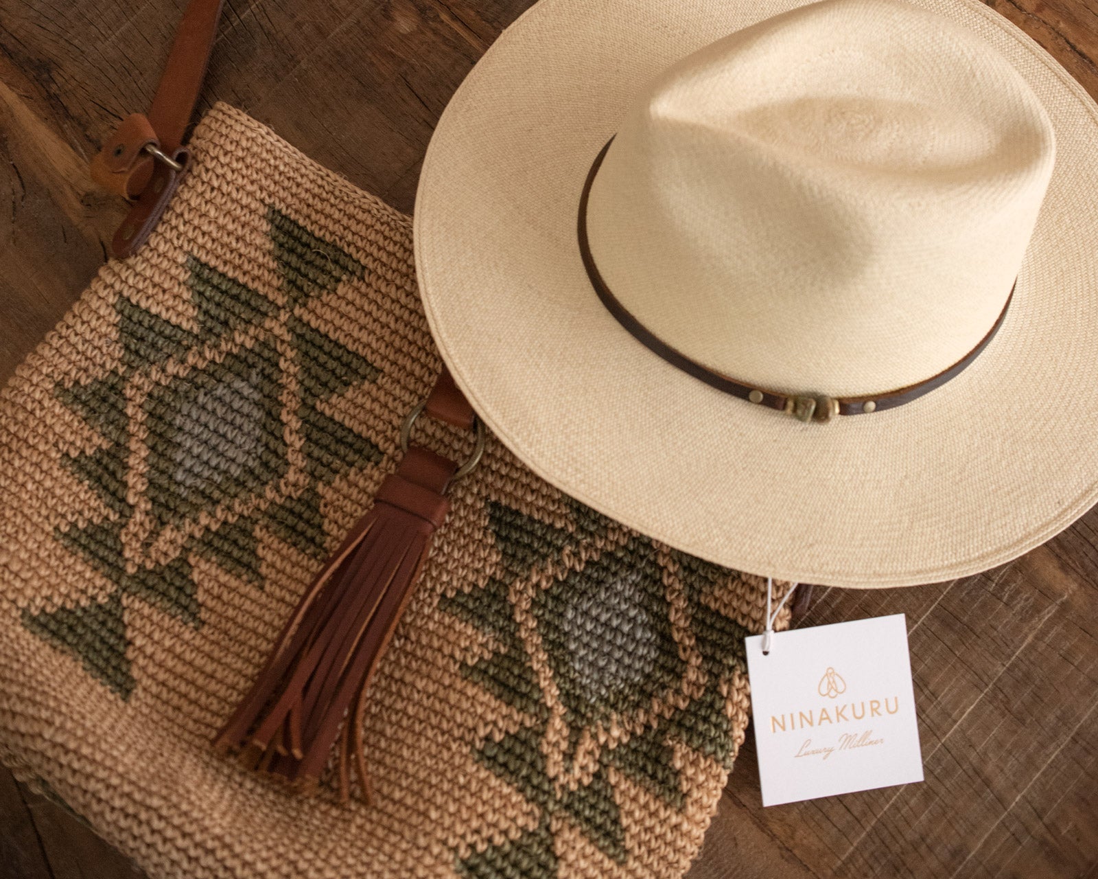Ninakuru Panama hat with turquoise and leather band.