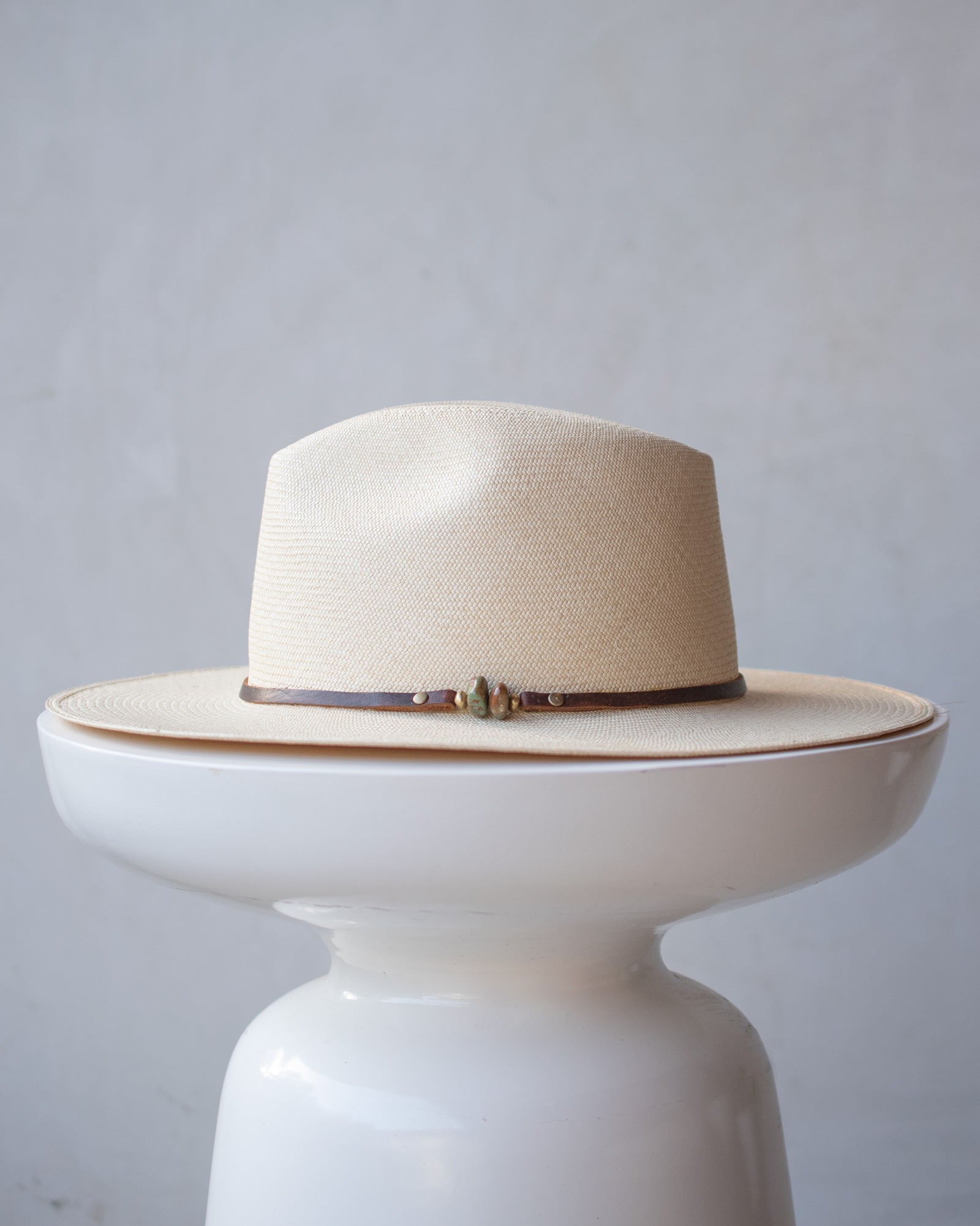 Ninakuru Panama hat with turquoise and leather band.