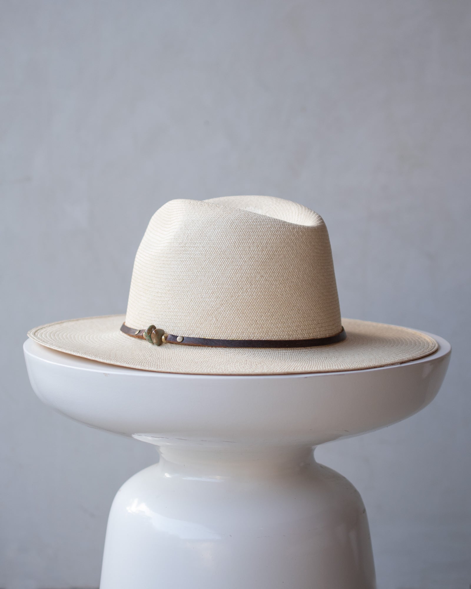 Ninakuru Panama hat with turquoise and leather band.