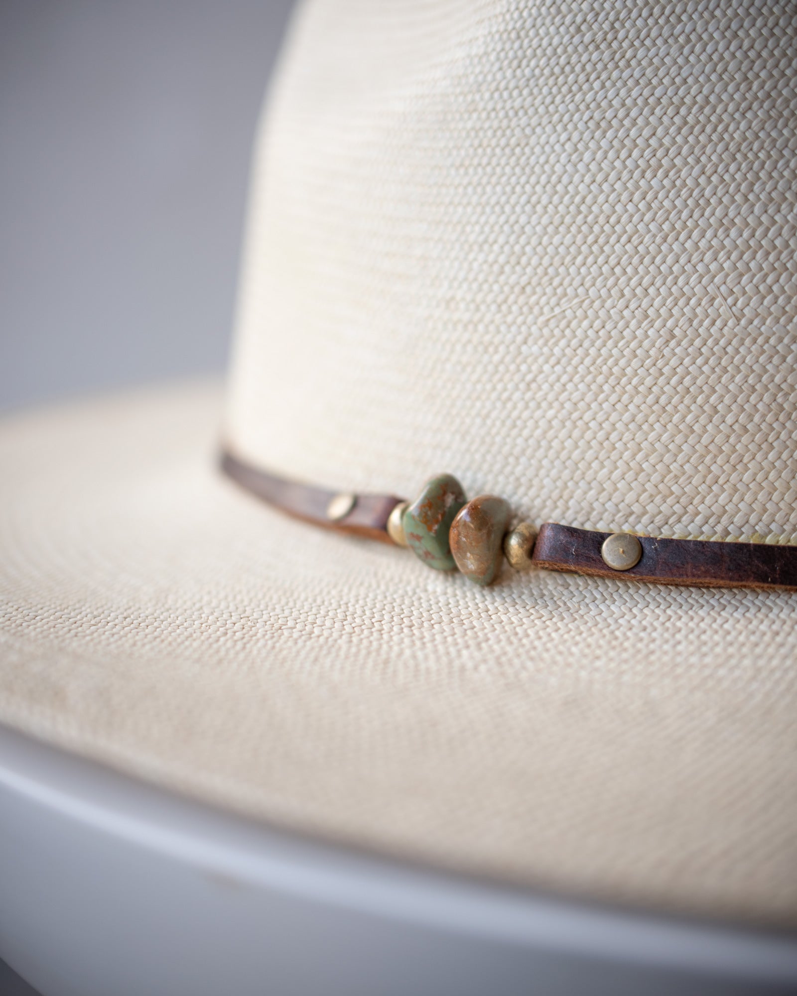 Ninakuru Panama hat with turquoise and leather band.