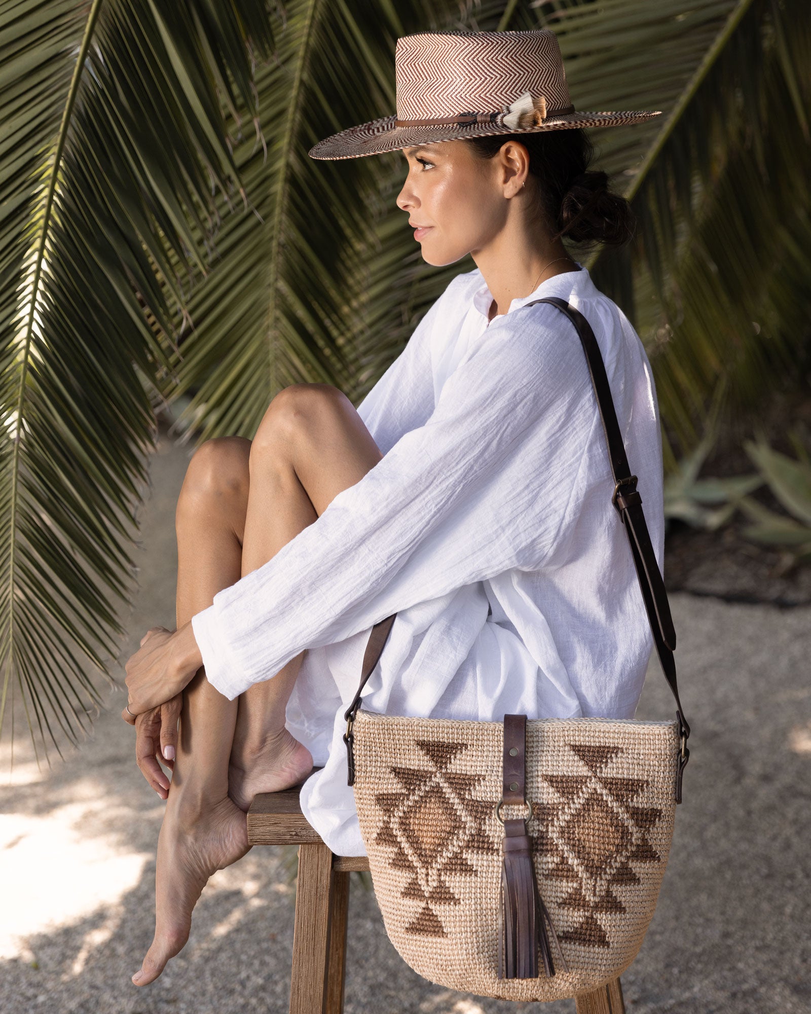 Ninakuru Panama hat with leather and horsehair, paired with agave straw bag.