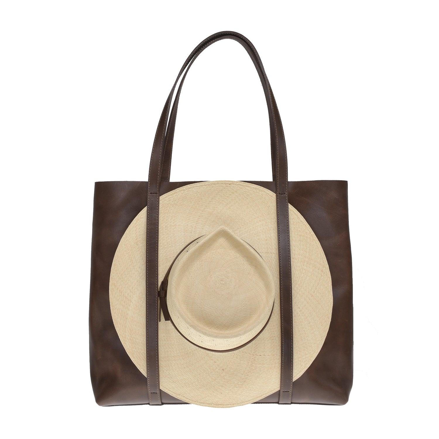 Leather tote bag with hat carrier.