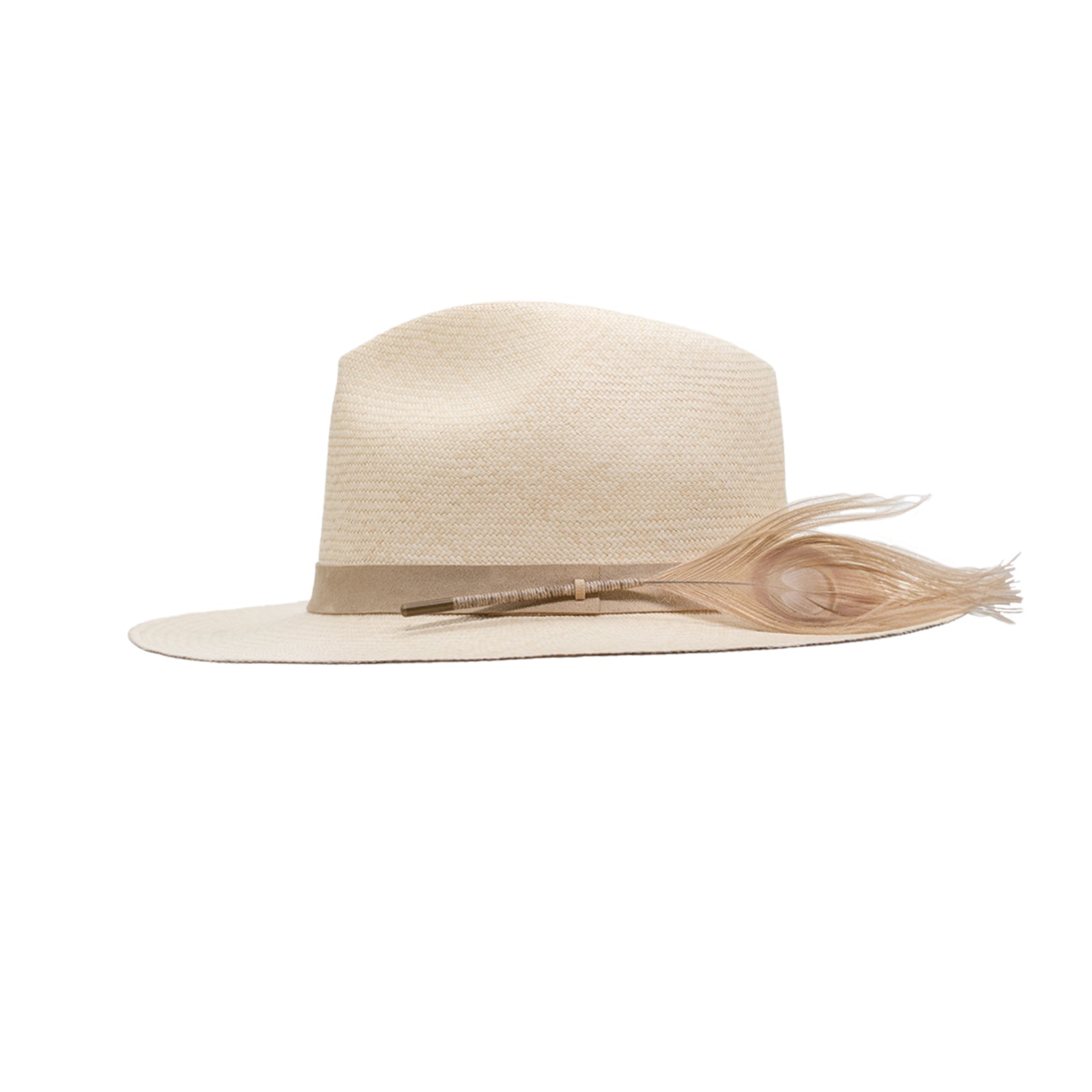 Ninakuru Panama hat with vegan band and peacock feather.