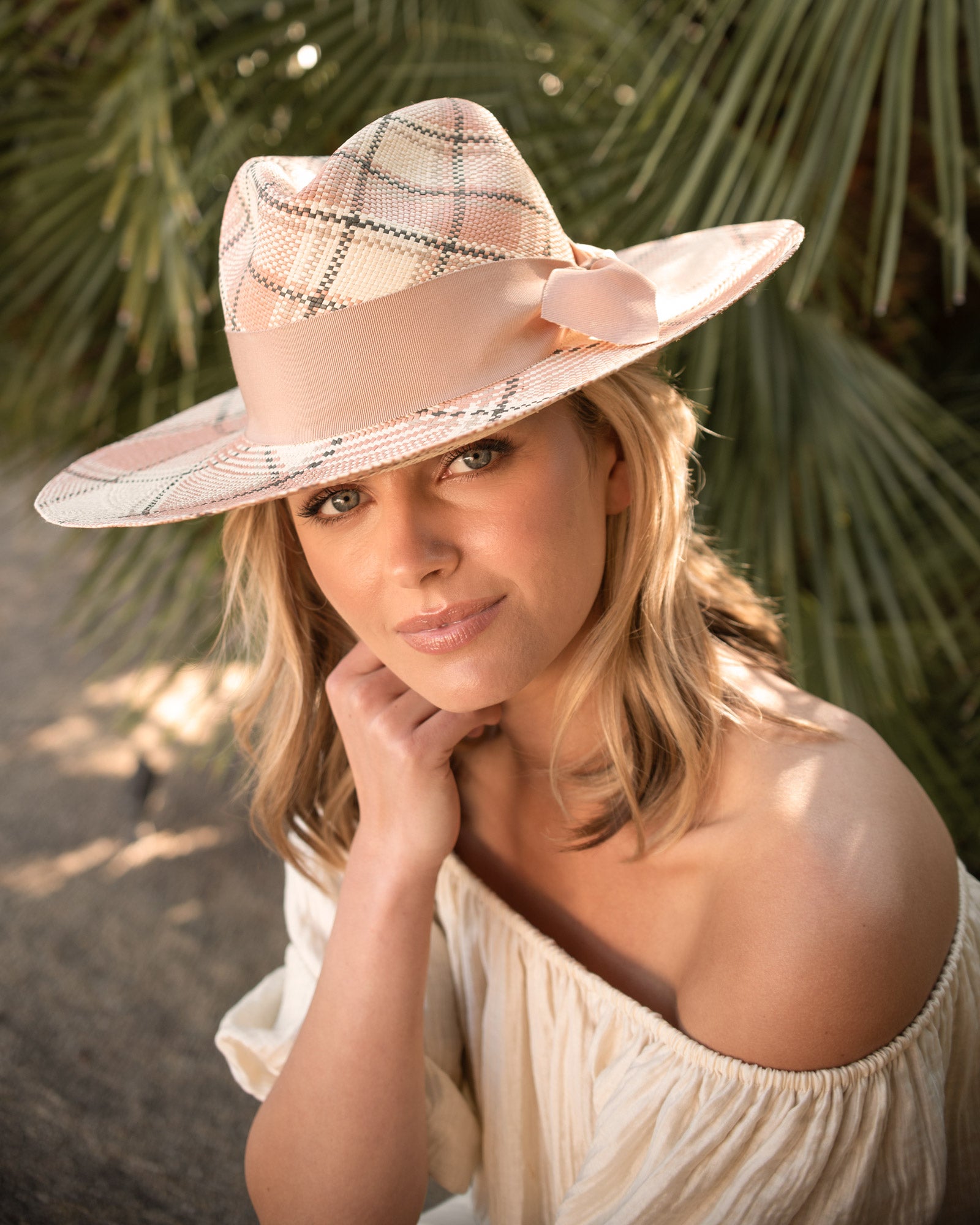 Ninakuru plaid Panama hat with grosgrain ribbon.