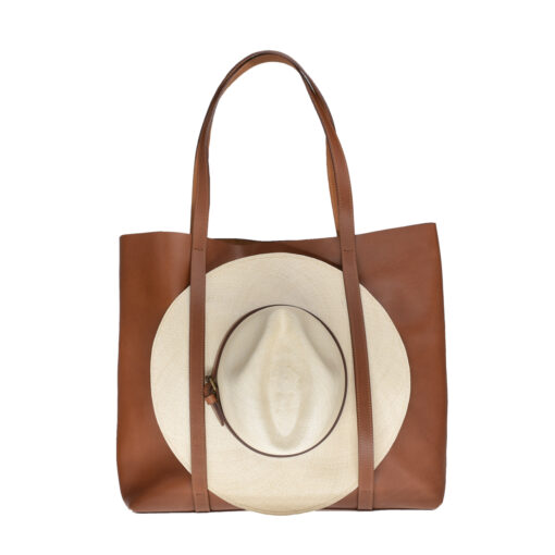 Leather tote bag with hat carrier.