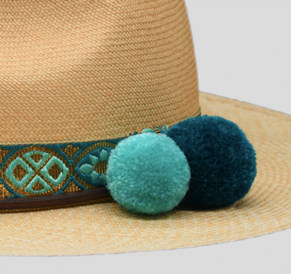 Ninakuru long brim Panama hat with vintage brocade ribbon and pompoms. Cotton interior band.