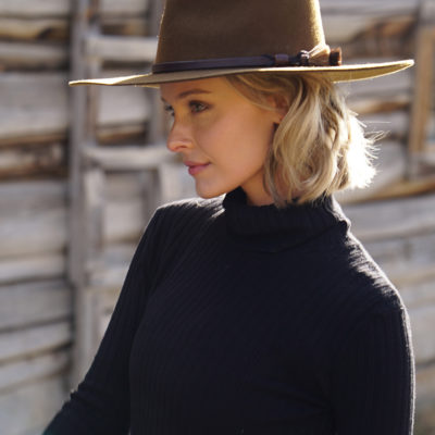 Ninakuru long brim wool hat with leather band and horsehair tassels.