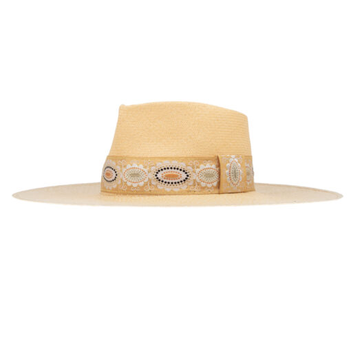 Ninakuru Panama hat with vintage brocade ribbon.