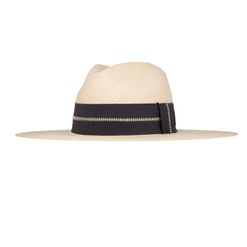 Ninakuru long brim Panama hat with grosgrain ribbon. Cotton interior band.