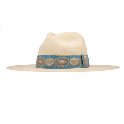 Ninakuru long brim Panama hat with vintage brocade ribbon. Cotton interior band.