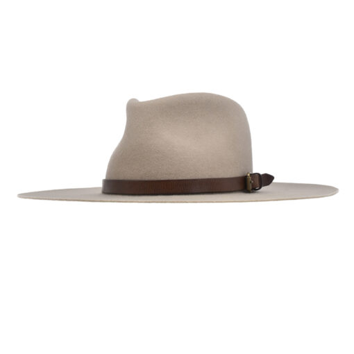Ninakuru long brim wool hat with leather band and buckle.
