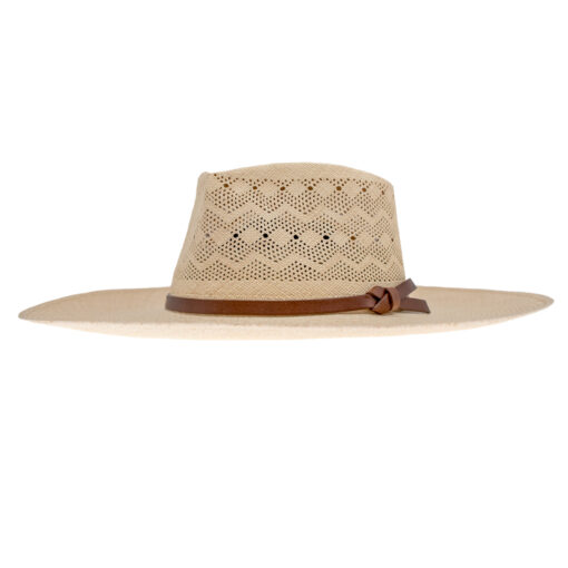Ninakuru Panama straw hat with teardrop crown and leather band with bow.