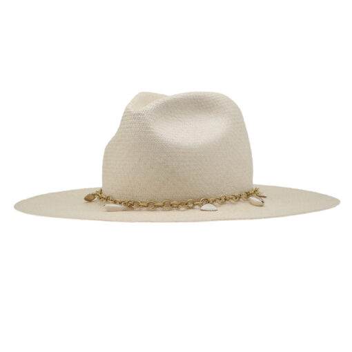 Ninakuru Panama straw hat with gold tone chain and seashells.